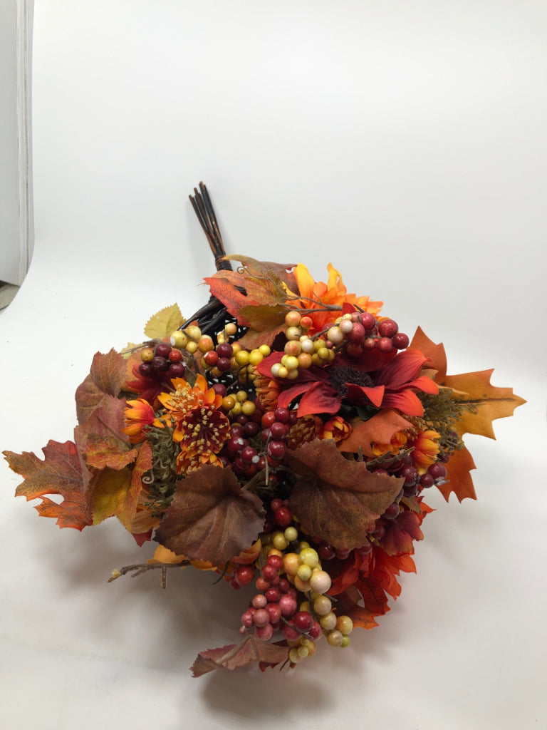 BLACK/BROWN WICKER CORNUCOPIA W/FAUX FALL LEAVES, SUNFLOWERS AND PIP.