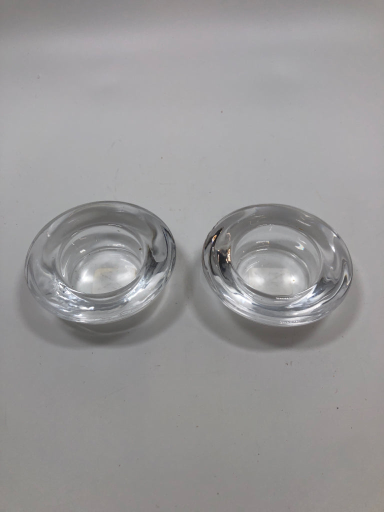 2 CLEAR GLASS TEA LIGHT HOLDERS-CRATE & BARREL.