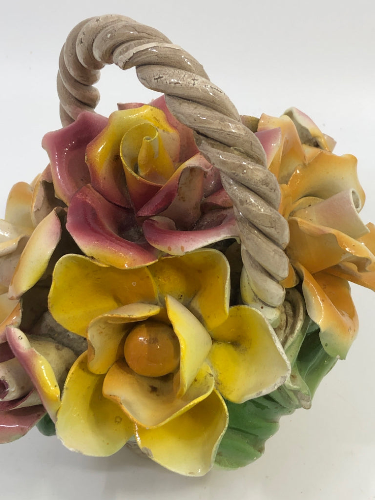 VTG CAPODIMONTE PORCELAIN YELLOW FLOWER BASKET.