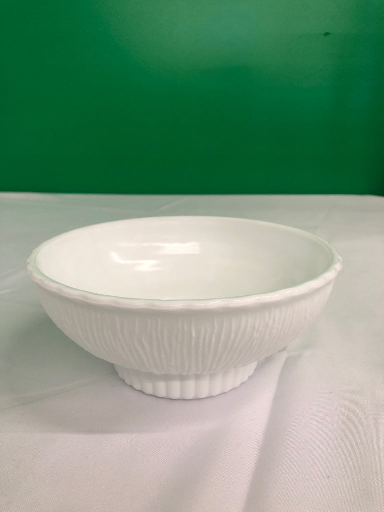 VTG TEXTURED FOOTED MILK GLASS DISH.