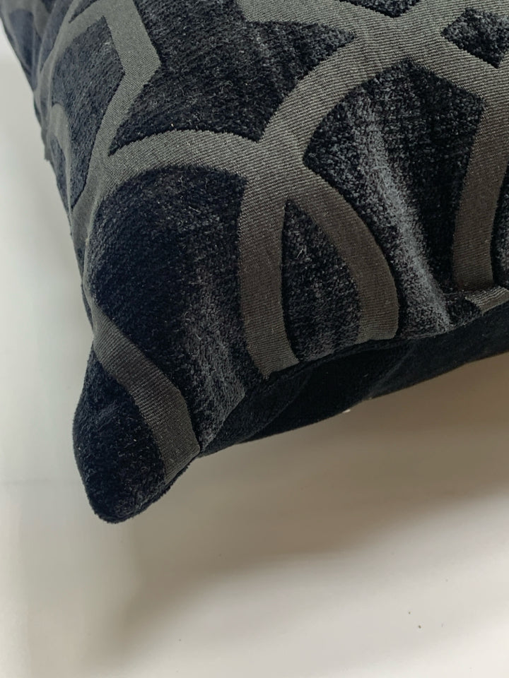 BLACK VELVET PILLOW W/EMBROIDERED LINES.