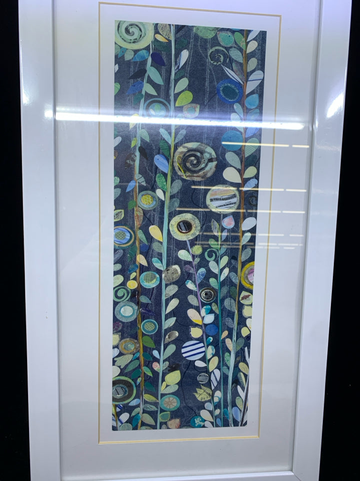 TEAL/BLUE ABSTRACT VINES AND FLORAL IN WHITE FRAME WALL ART.