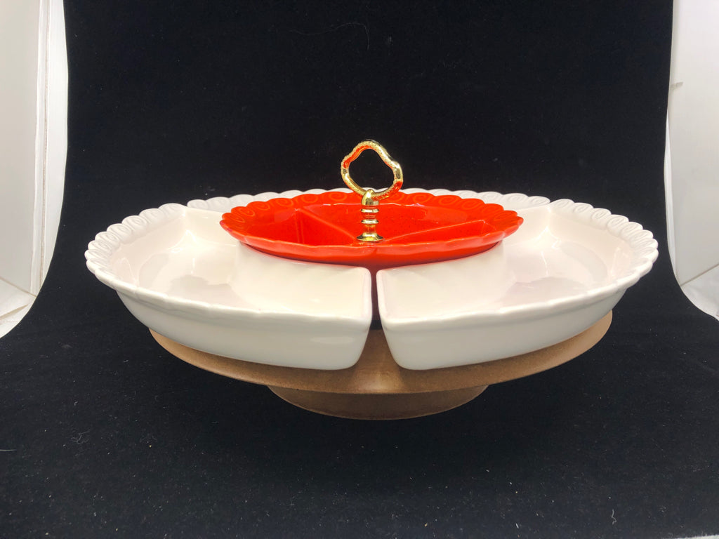 VTG CALIF WOODEN LAZY SUSAN W/ WHITE+RED CERAMIC DIVIDED PIECES SERVER.