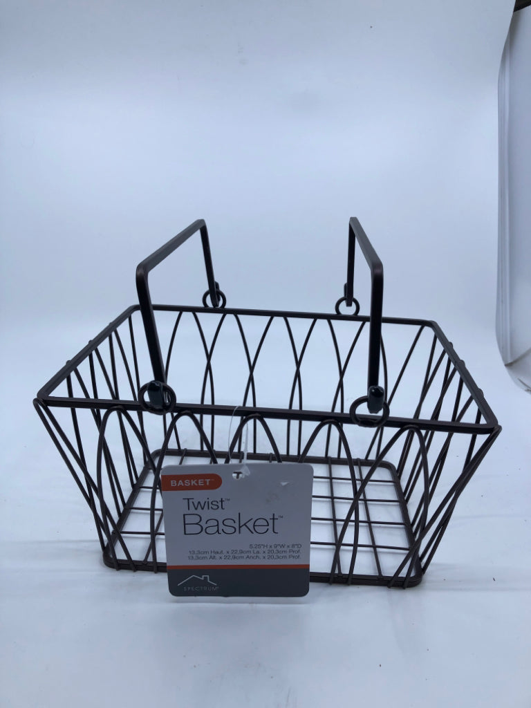 NEW BROWN METAL TWIST BASKET W HANDLES.