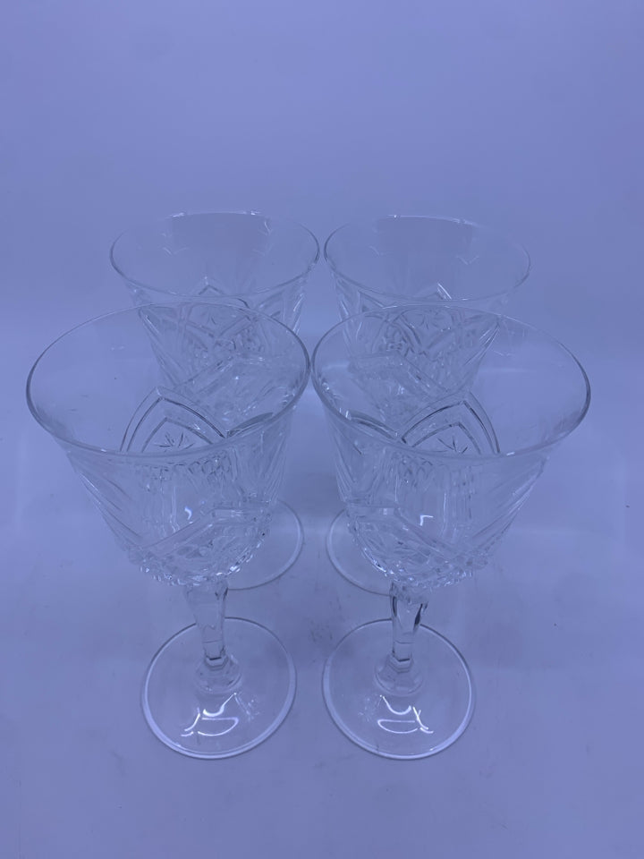 4 CUT GLASS WINE GLASSES.