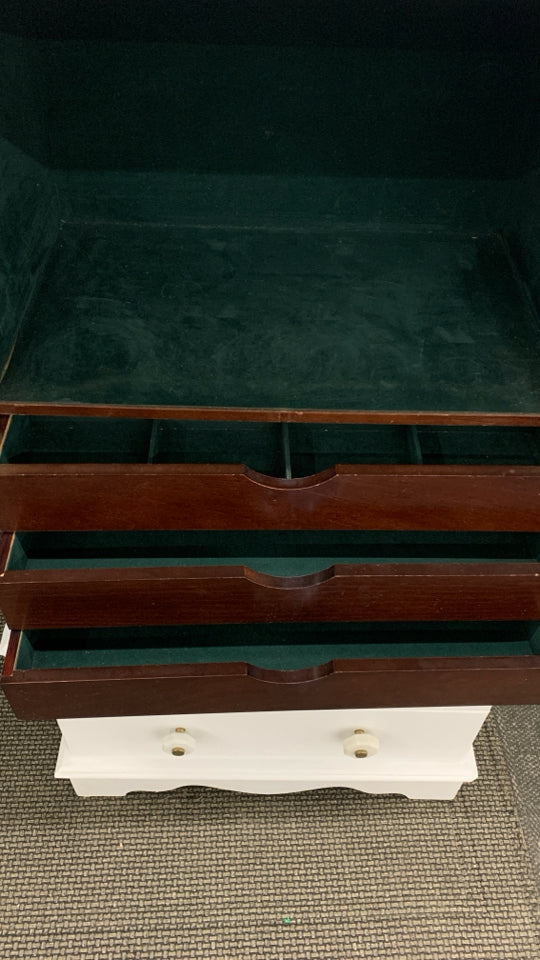 WHITE STORAGE JEWELRY ARMOIRE W/GREEN VELVET INTERIOR.