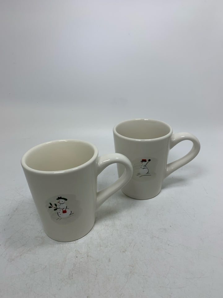2 WILLIAM-SONOMA WHITE SNOWMAN MUGS.