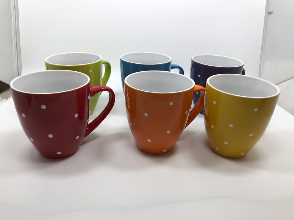 6 RAINBOW POLKA-DOT MUGS.