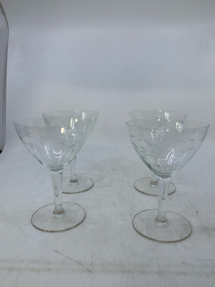 4 DELICATE SHORT WINE GLASSES W/ ETCHED FLOWERS.