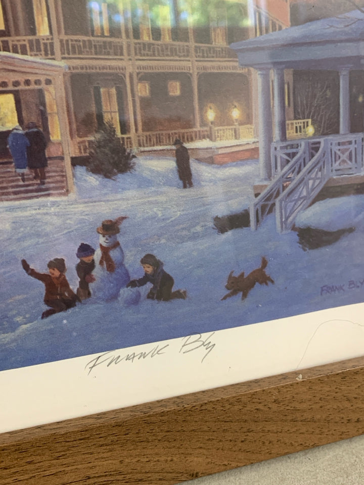 A PRINT OF CHILDREN BUILDING A SNOWMAN "HOTEL BARRE" BY FRANK BLY WALL ART.