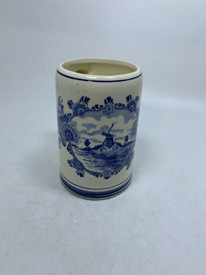 VTG WINDMILL ON WATER SCENE BLUE FLORAL BEER STEIN.