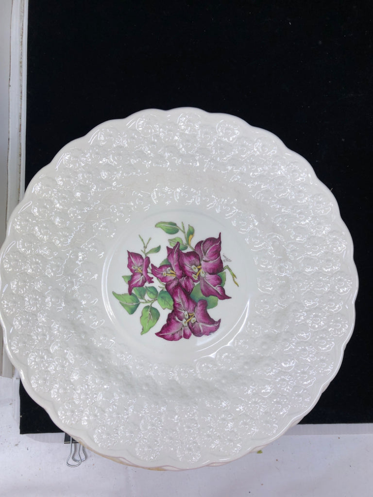 VTG 13 WHITE EMBOSSED FLORAL PLATES.