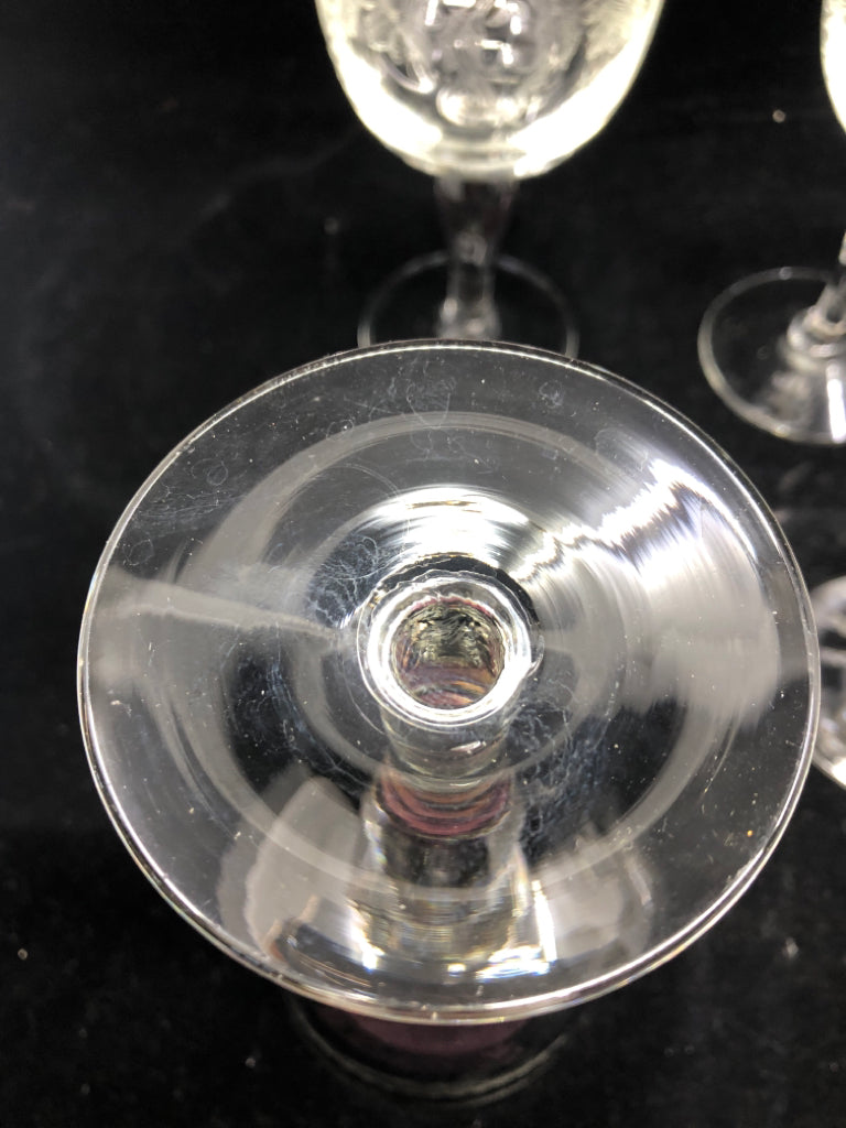 6 PRESSED GLASS WINE GLASSES W SILVER RIM.