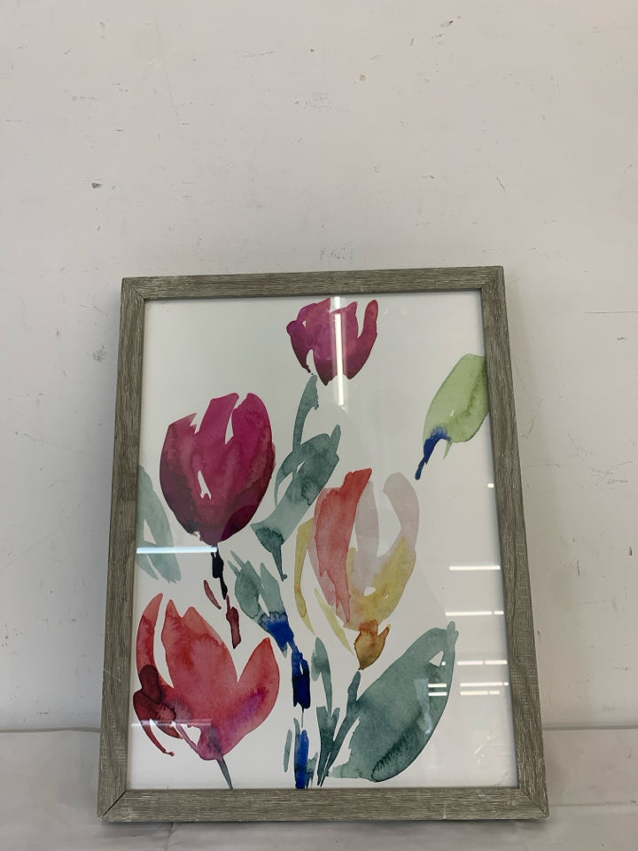 PINK FLORAL IN GREY WHITE WASHED FRAME WALL ART.