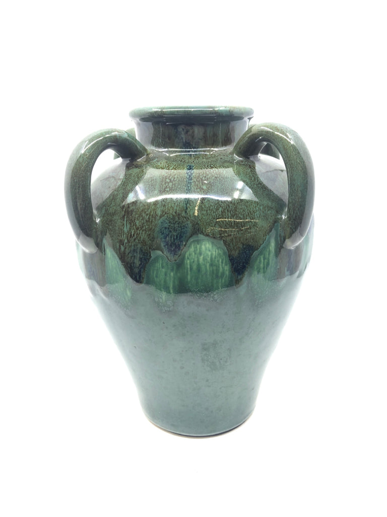 GREEN POTTERY VASE W/ BROWN DRIP DESIGN 4 HANDLES.