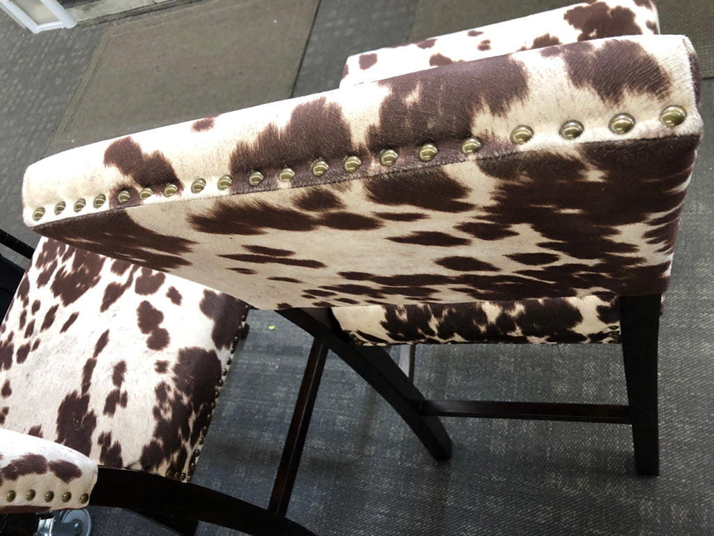 2-FAUX COW HIDE DARK WOOD STOOLS.