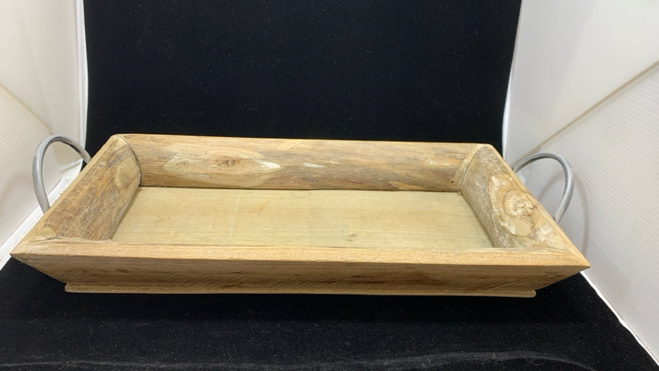 RUSTIC WOODEN TRAY W/METAL HANDLES.