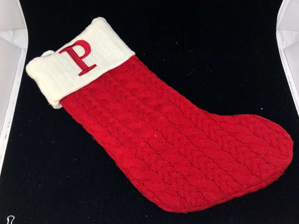 RED AND WHITE KNITTED "P" STOCKING.