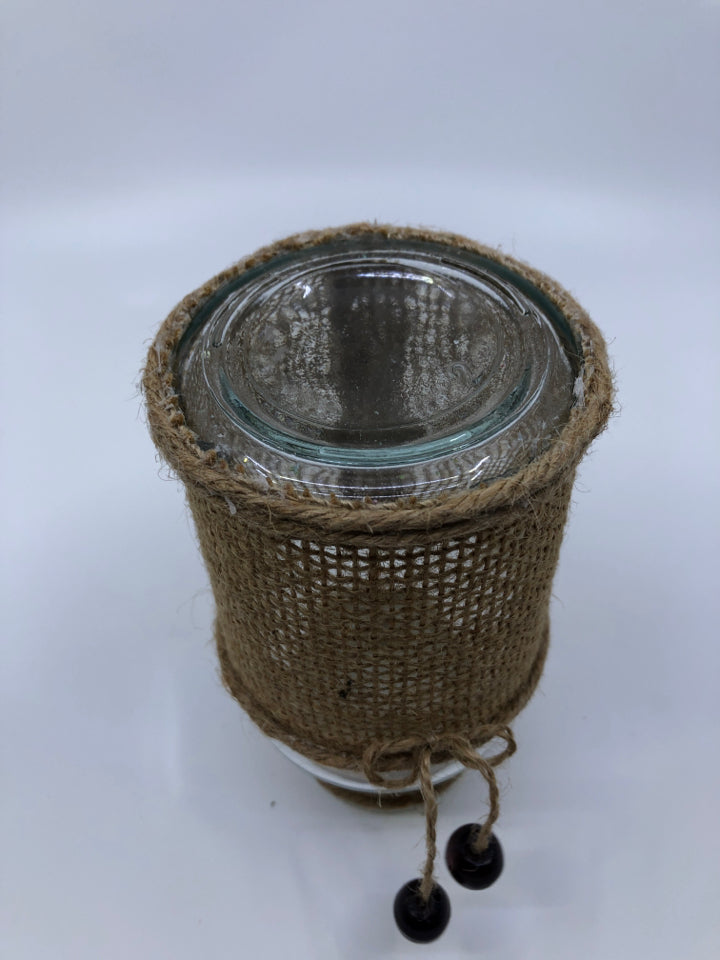 BURLAP COVERED JAR W/ BEADS THICK NECK.