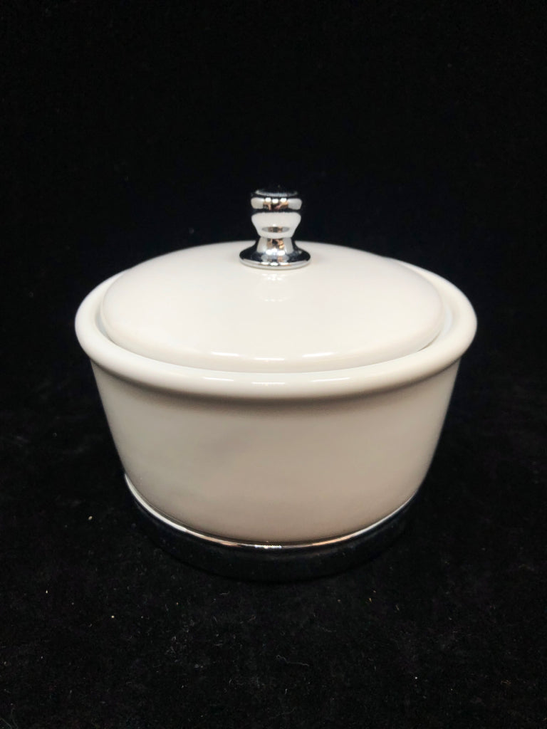 WHITE CERAMIC CANISTER W/LID AND CHROME BASE.