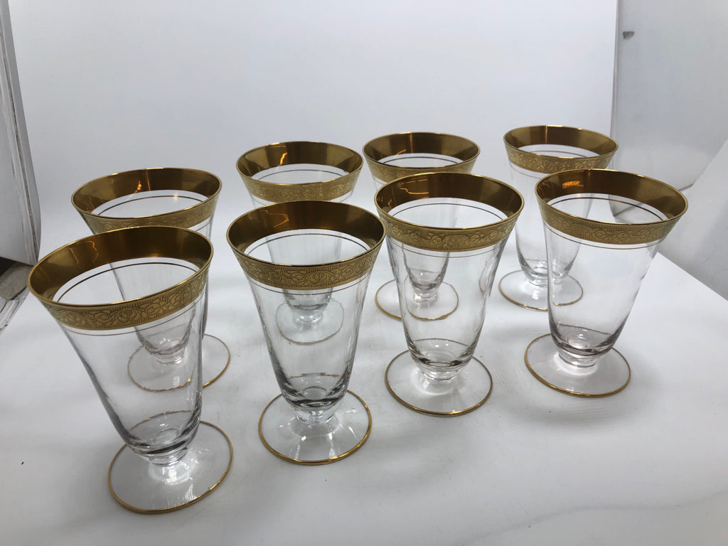 8 VTG RAMBLER ROSE GOLD RIMMED FOOTED GLASSES.