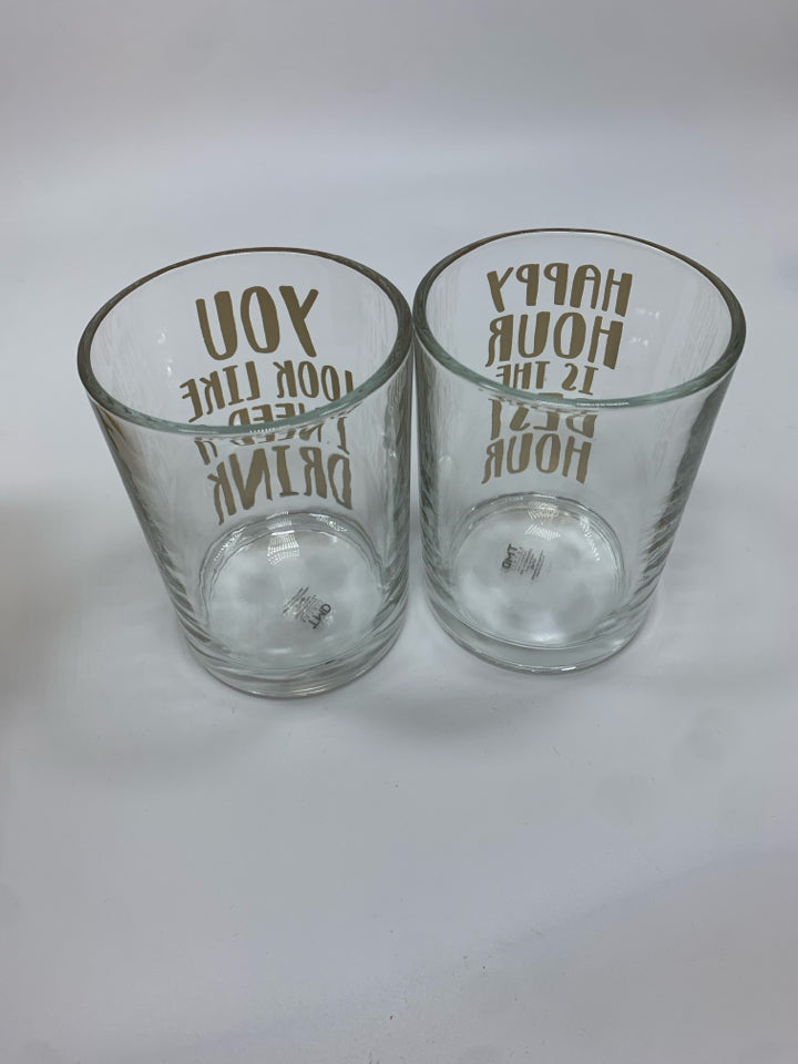 2 NIB HAPPY HOUR GLASSES W/GOLD LETTERING.