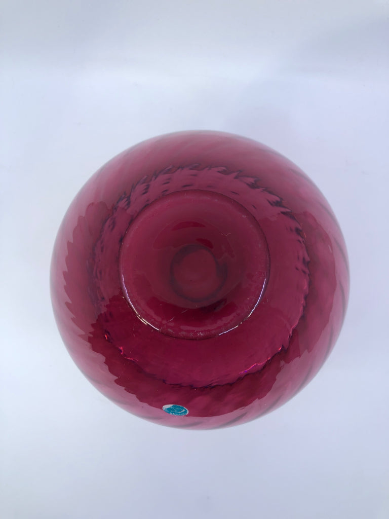 CRANBERRY CRYSTAL SWIRL OPTIC RED VASE.