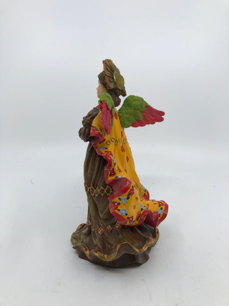 RESIN ANGEL W/ BROWN DRESS HOLDING BOOK.