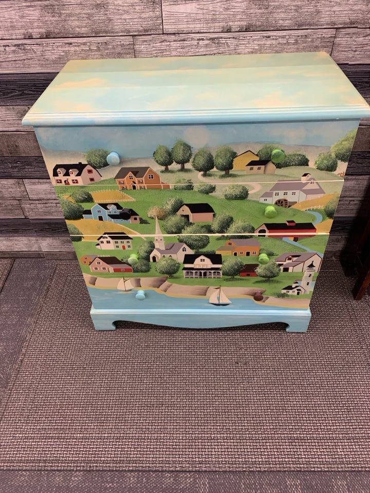 VTG CITY SCENE PAINTED 3 DRAWER DRESSER.