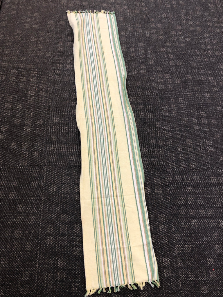 GREEN/YELLOW STRIPE TABLE RUNNER W/TASSELS.