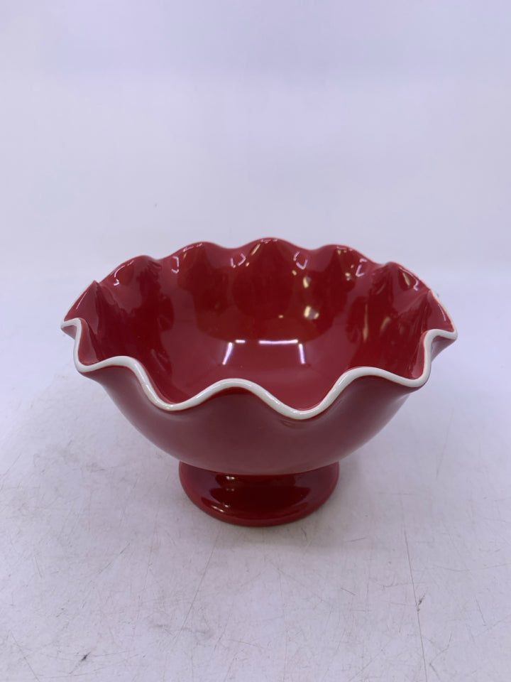 RED FOOTED RUFFLED EDGE DISH.