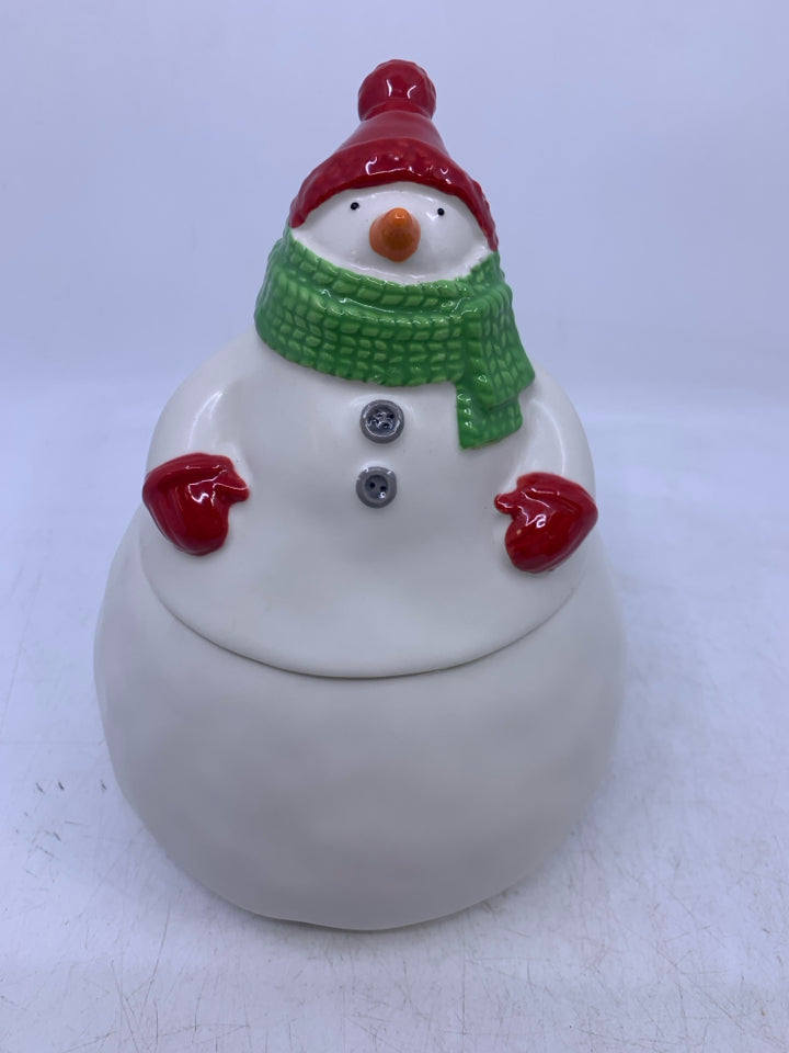 SNOWMAN CERAMIC COOKIE JAR RED HAT/GLOVES HALLMARK.