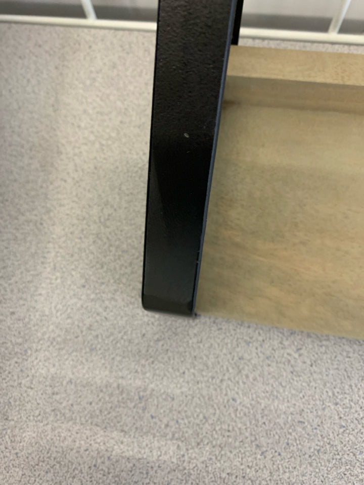 GREY WOOD SHELF W/BLACK METAL HANGER.