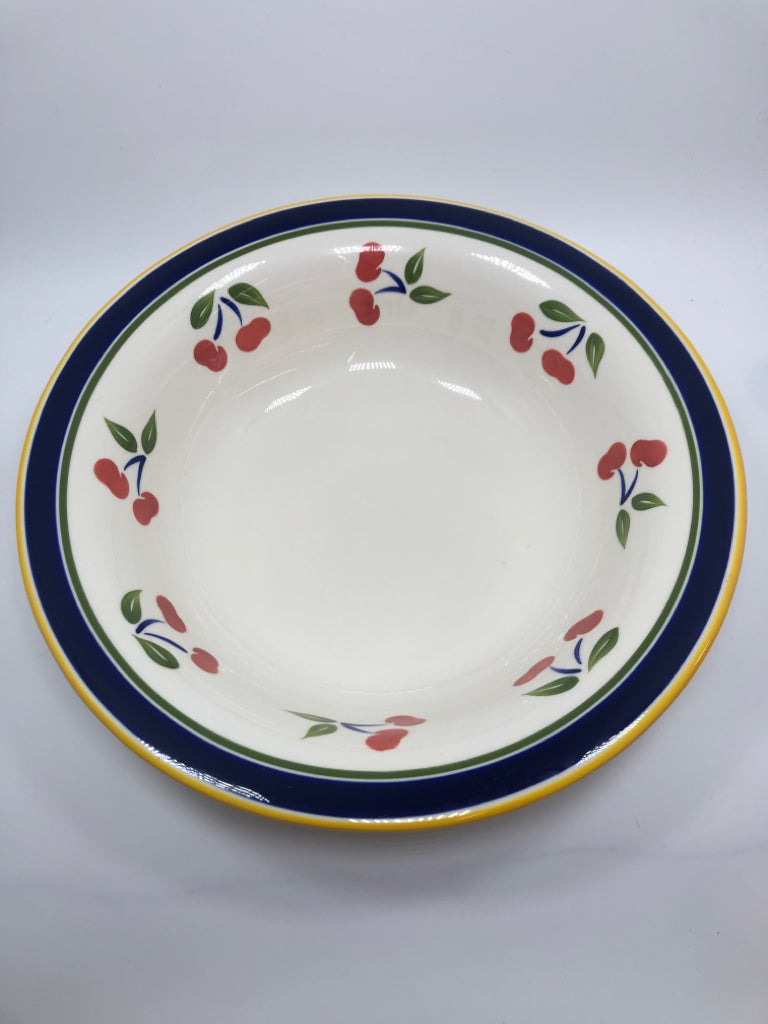 DANSK CHERRIES PAINTED PASTA BOWL W/YELLOW BLUE RIM.