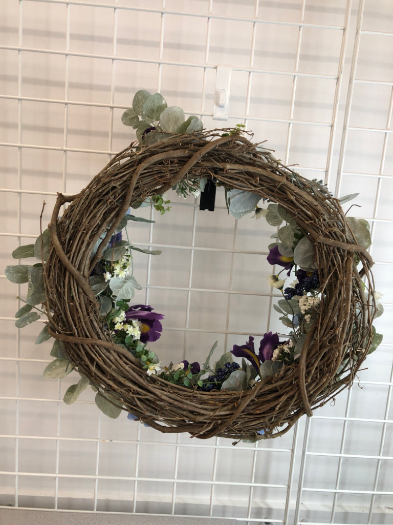 FAUX PURPLE FLORAL SPRING WREATH W/EUCALYPTUS.