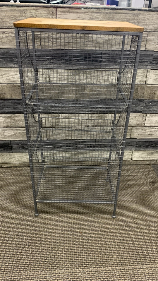 3-CUBBIE METAL SHELF W/WOOD TOP.