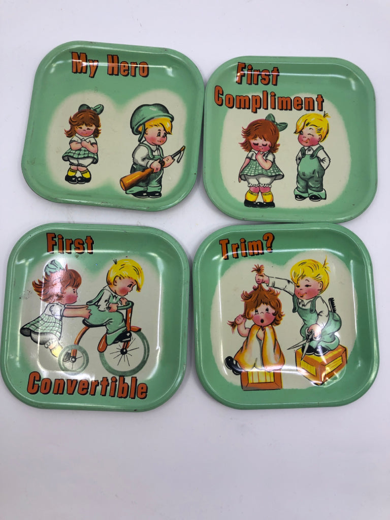 4 VTG METAL BOY AND GIRL PLATES.