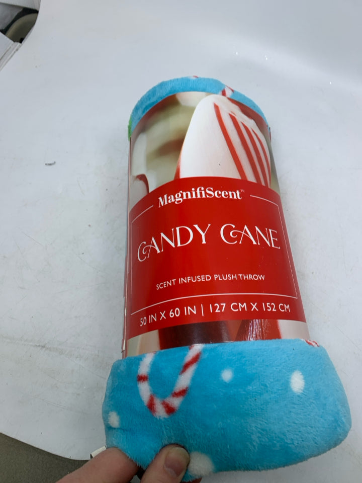 NIP BLUE CANDY CANE PATTERN PLUSH THROW.
