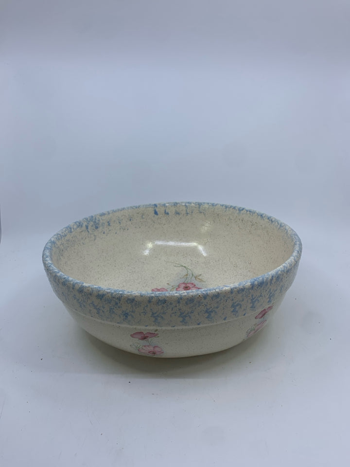 HEAVY POTTERY BOWL CREAM W/ PINK FLOWERS.