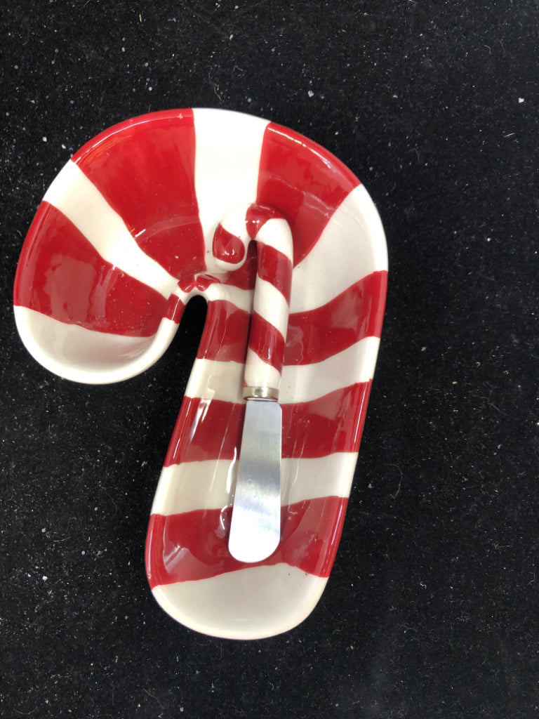 2 PC CANDY CANE BOWL W/ CHEESE SPREADER.
