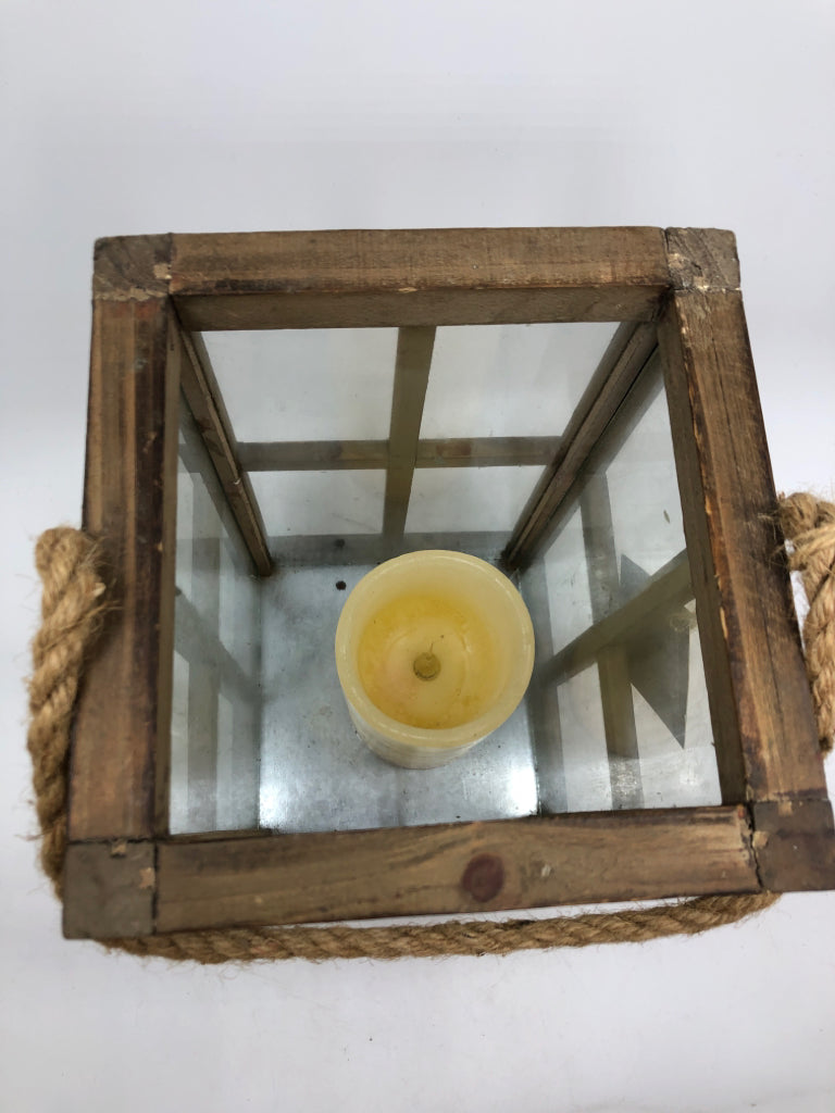 WOODEN CANDLE LANTERN W/BATTERY CANDLE.