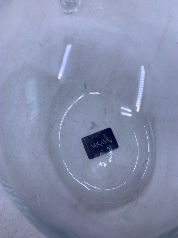 CLEAR GLASS SLANTED DECANTER W/ FOOTED STAND.