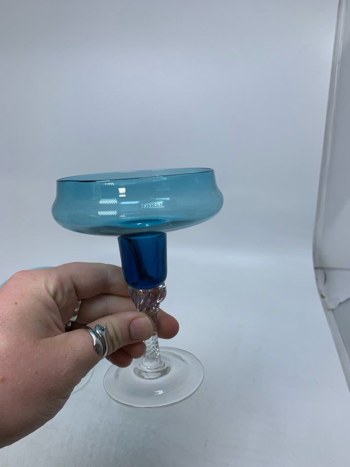 2 SMALL LIGHT BLUE GLASS MARTINI GLASSES TWISTED STEMS.