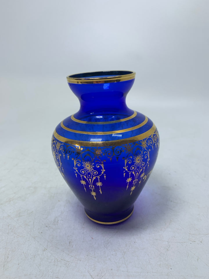 COBALT BLUE VASE W/ HEAVY GOLD DETAIL.