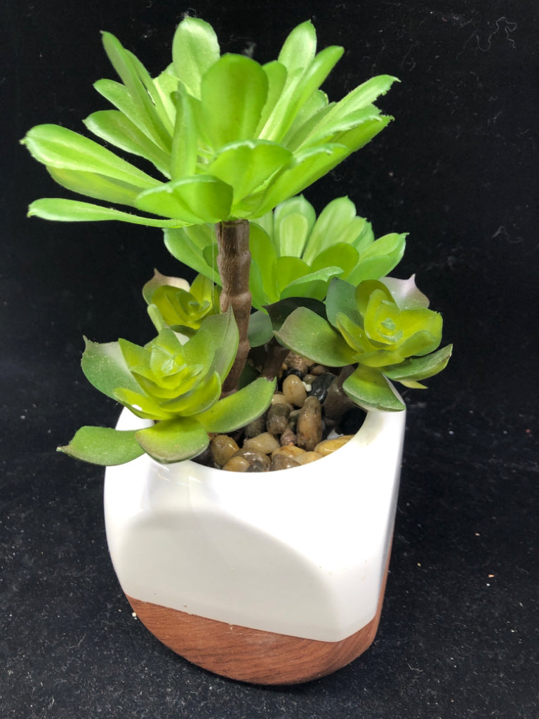 CERAMIC 2 TONED WHITE/WOOD PLANTER W/ FAUX PLANTS.