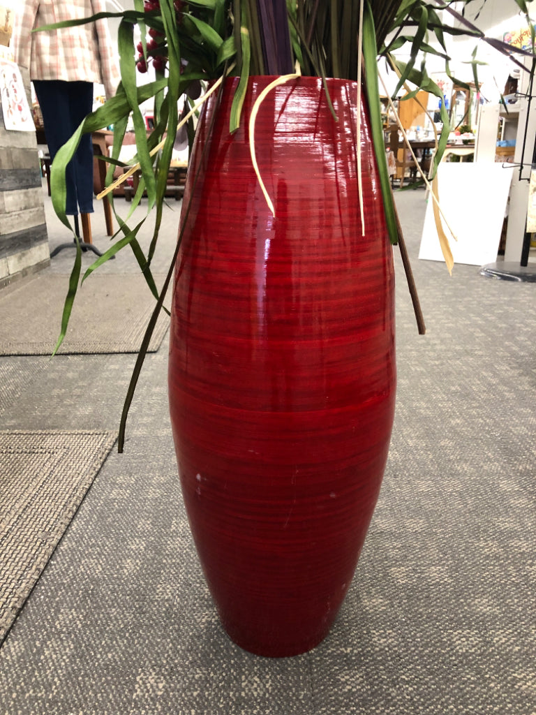 RED FLOOR VASE W/FAUX BOUQUET.