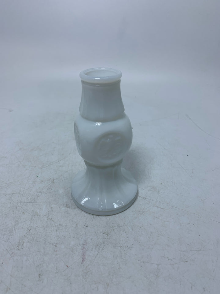 SMALL MILK GLASS BUD VASE W/ EAGLE COIN.