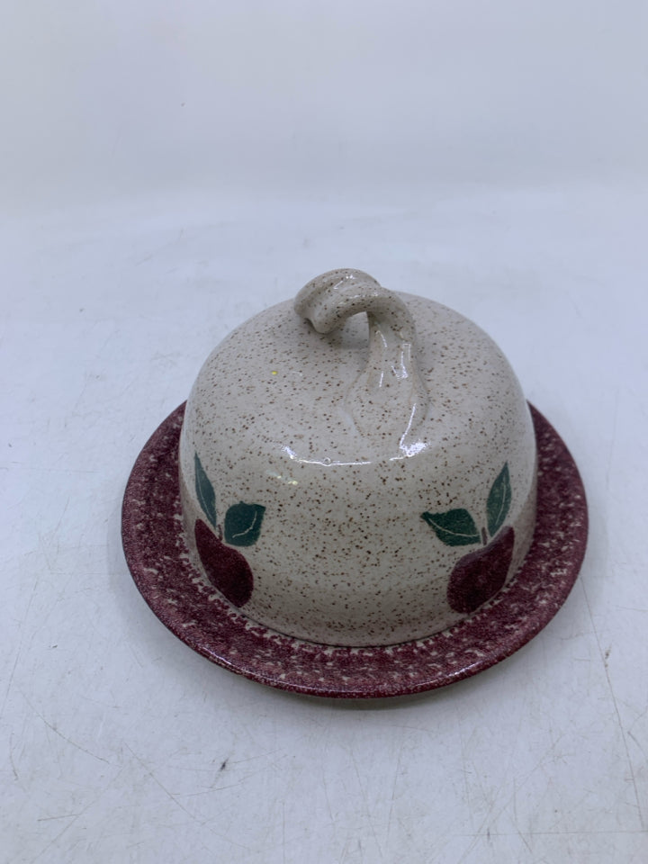 RED/GREY SPECKLED BUTTER DISH DOME W/ APPLES.