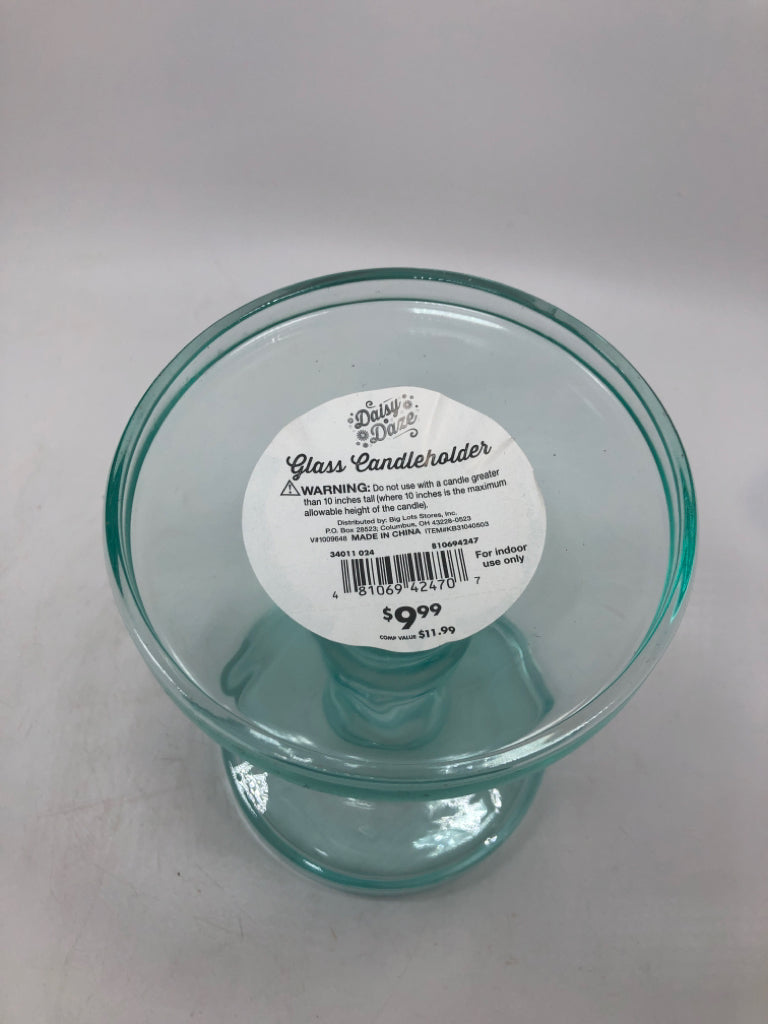LT BLUE GLASS PILLAR CANDLE HOLDER.
