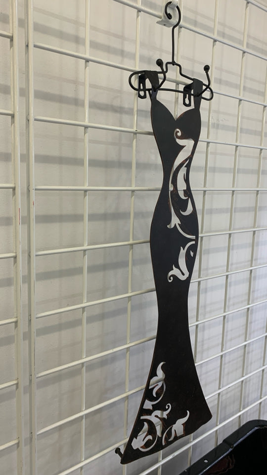 METAL DRESS SHAPED WALL HANGING W/SCARF HOOKS.